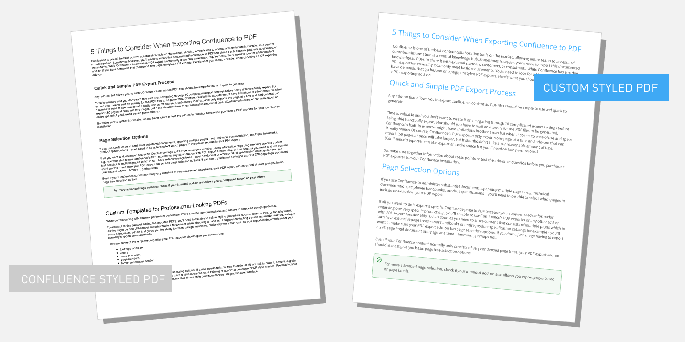 Example of Confluence style VS. custom template PDF export