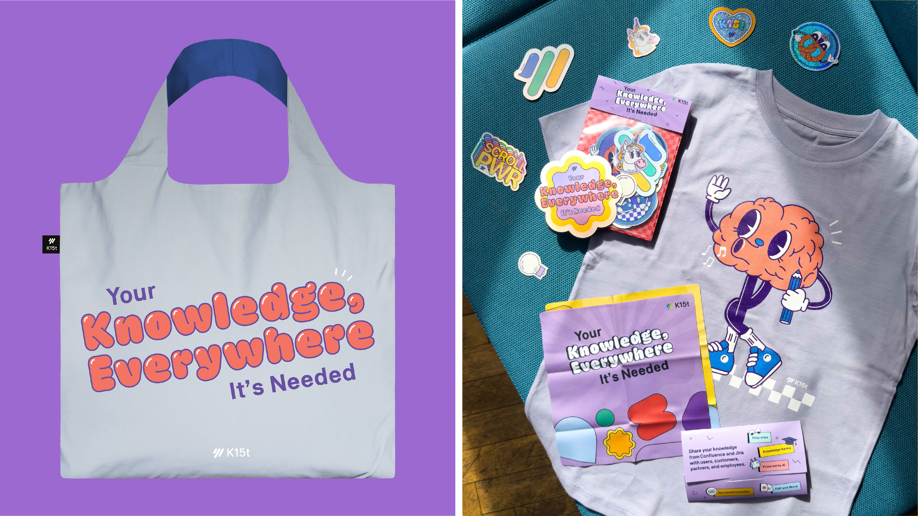 A vibrant assortment of past K15t conference swag, including illustrated stickers, custom t-shirts, and notebooks.
