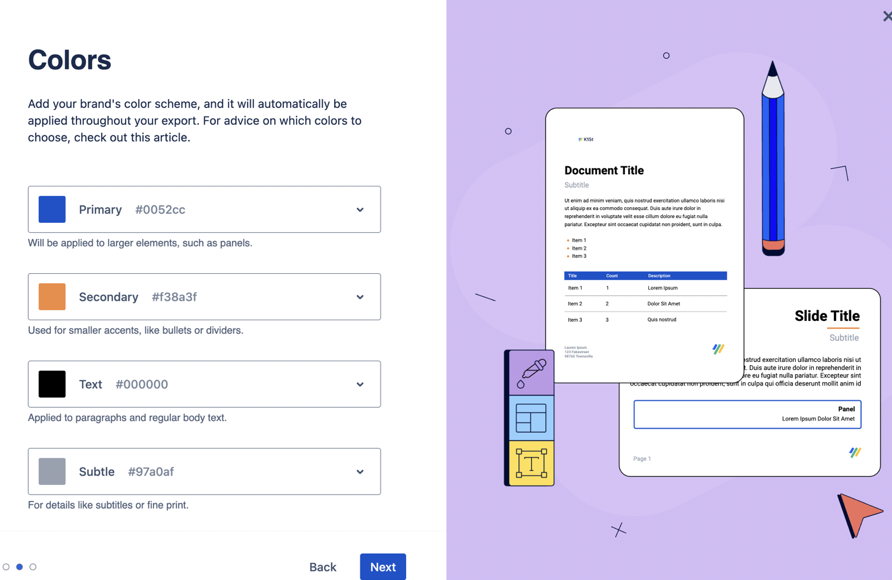 Your brand, applied to every export. Illustration