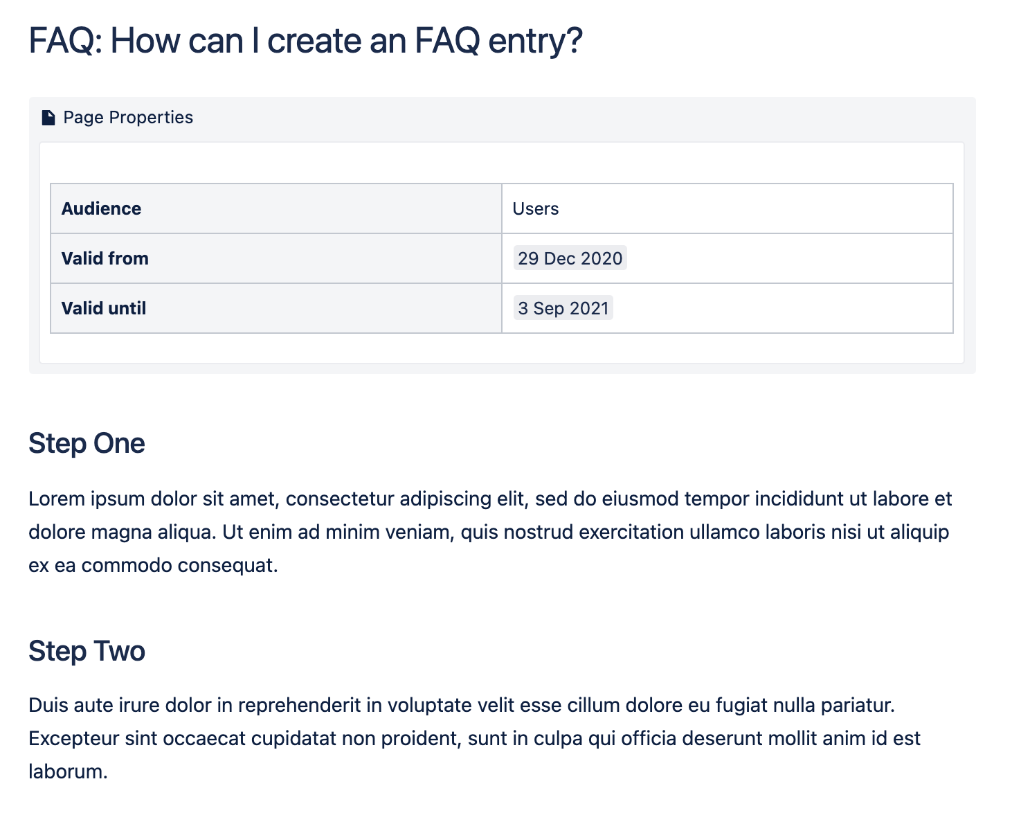 Faq detail. FAQ Page. Numbered headings for Confluence.