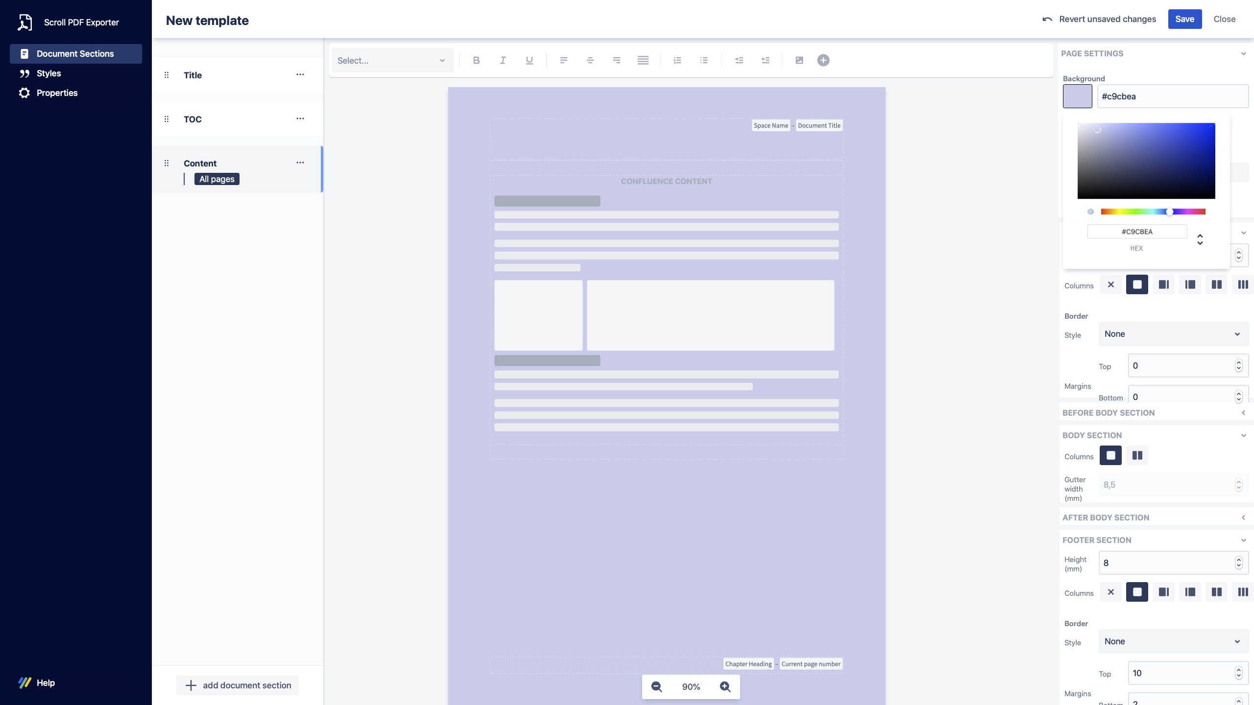 Scroll PDF Exporter Template Editor View (Document Section) 