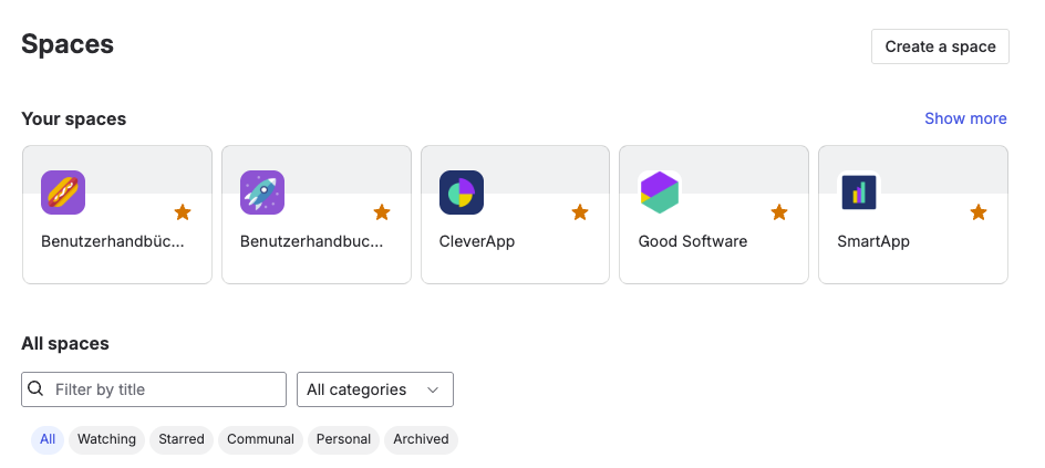 Confluence Spaces overview showing a list of spaces and the Create a space button