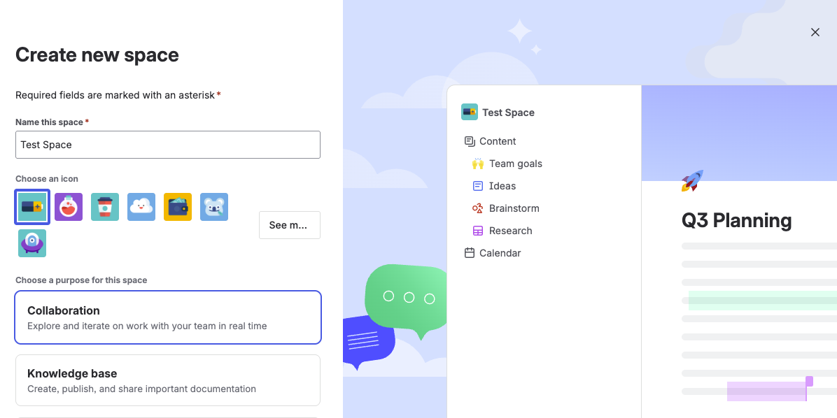 Confluence Create new space screen showing space name icon selection and space type options