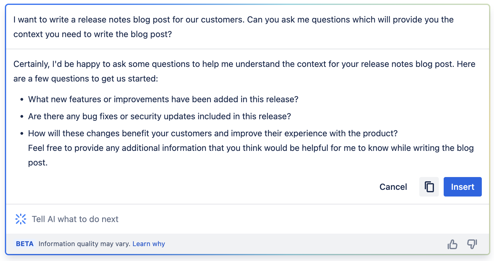 Asking Atlassian Intelligence to ask questions for context to perform a task.