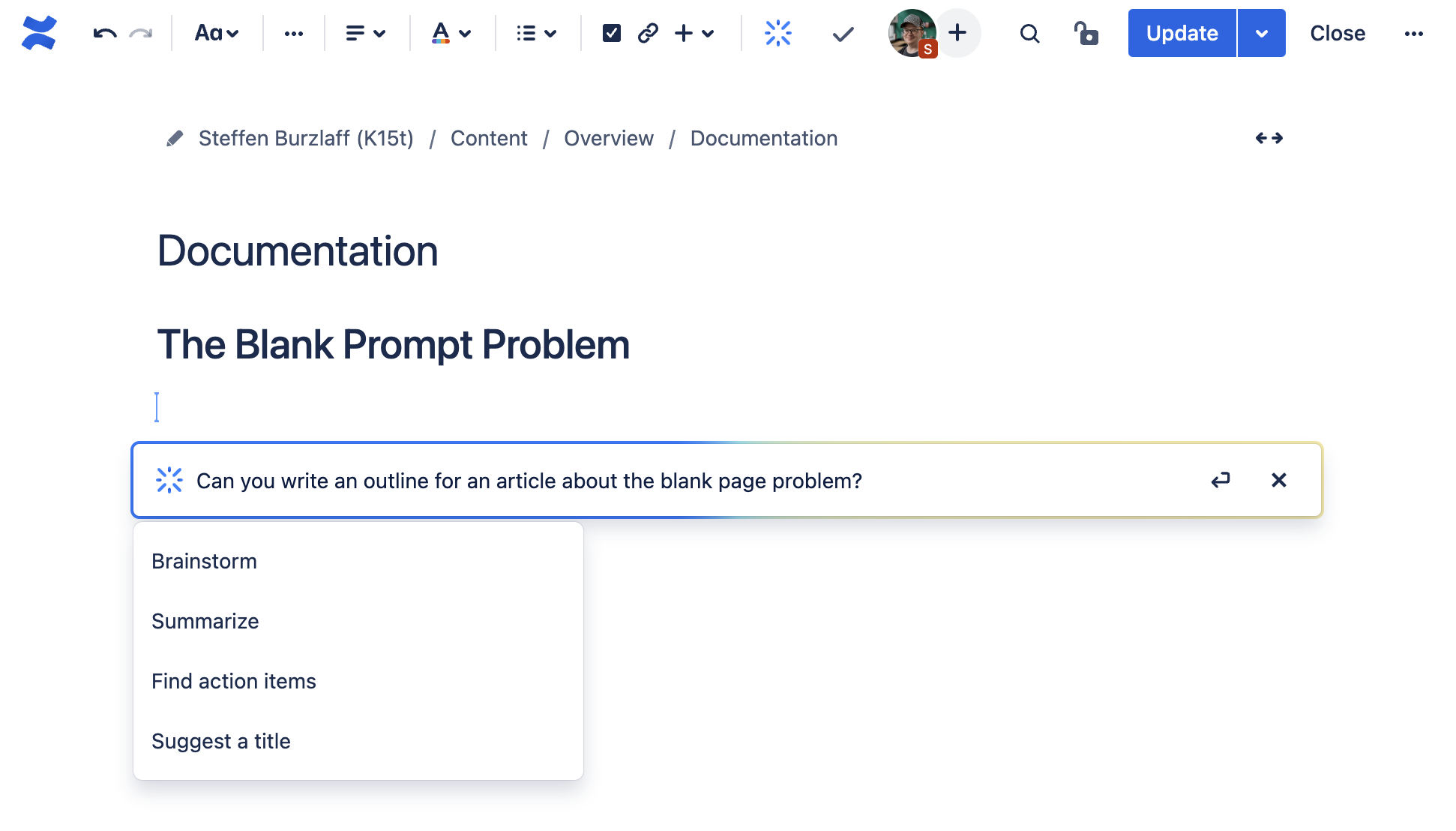 Asking Atlassian Intelligence for an outline about the blank page problem.