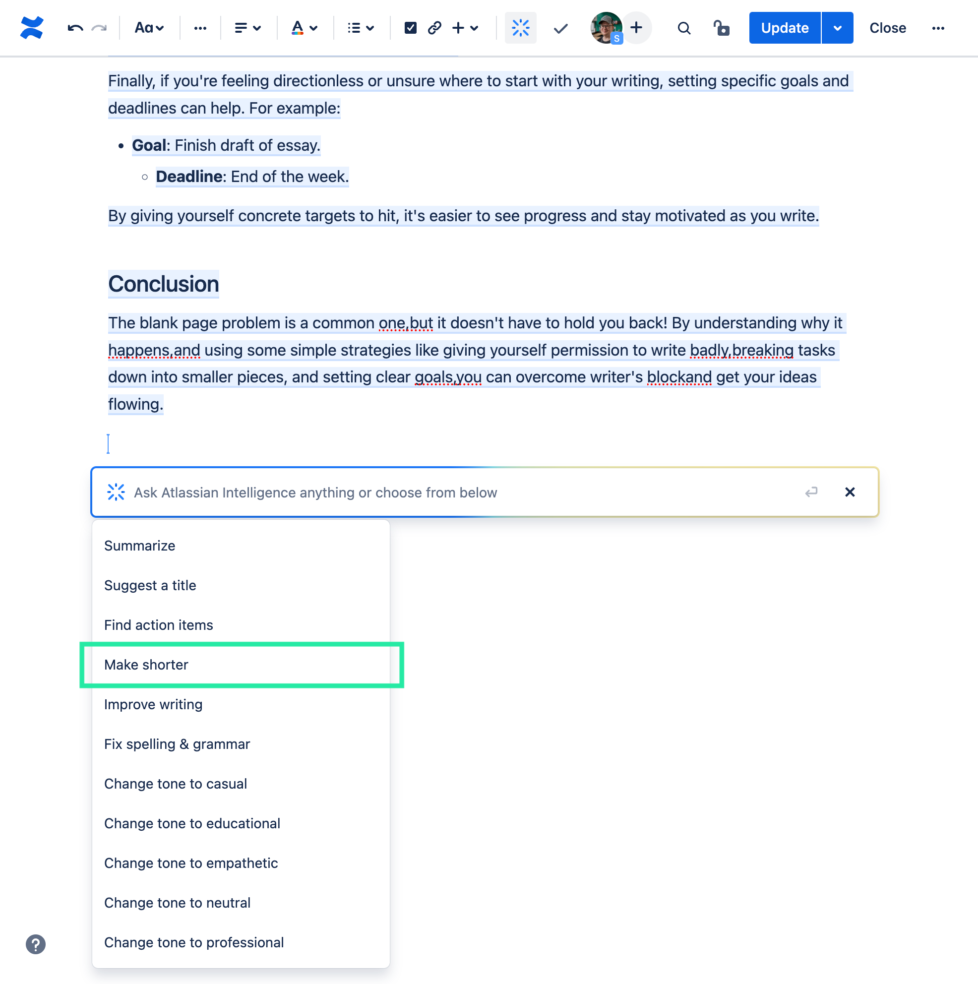 Confluence Cloud editor with Atlassian Intelligence selecting prompt to shorten text.
