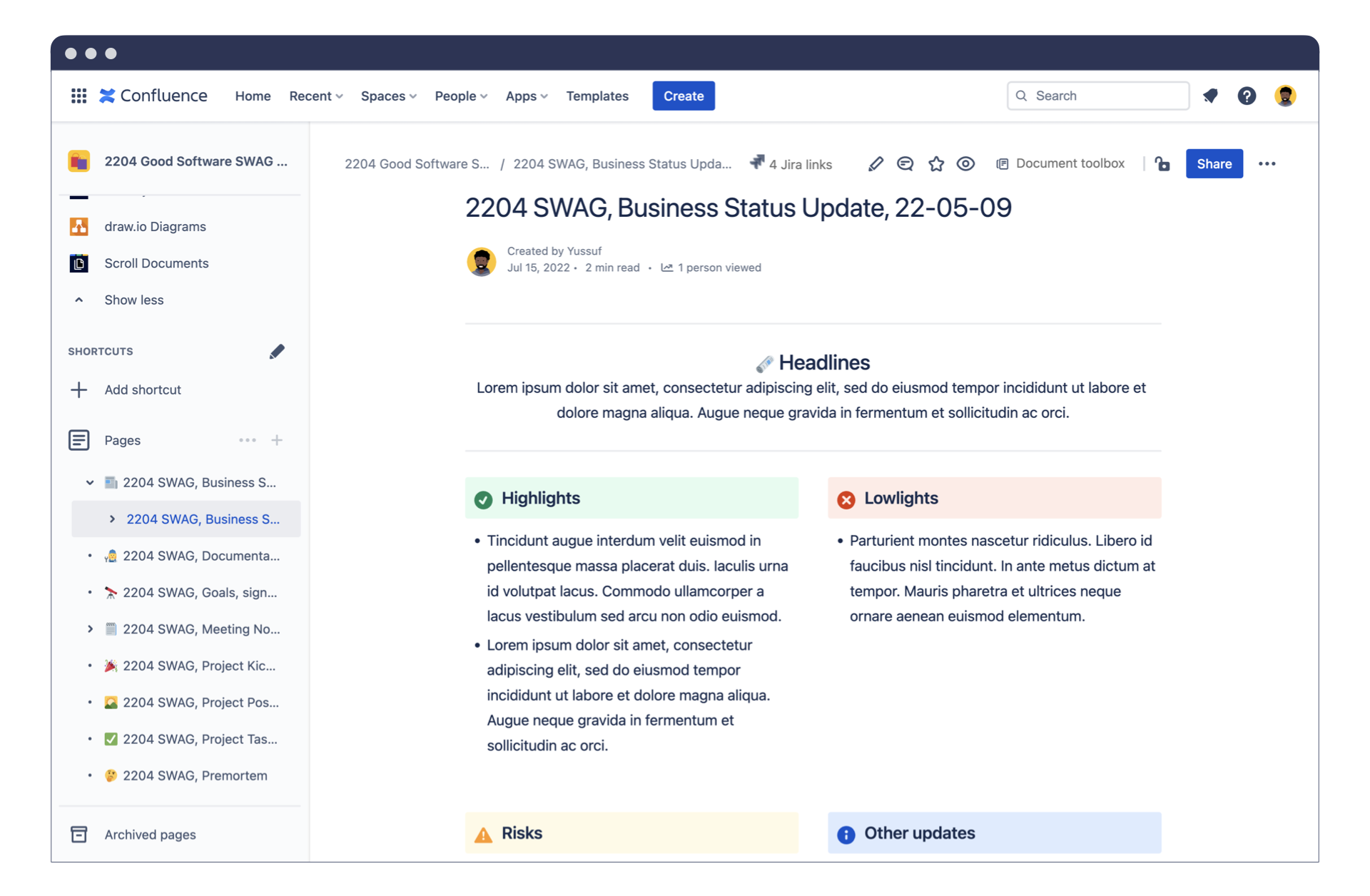 Confluence blog page showing a status update.